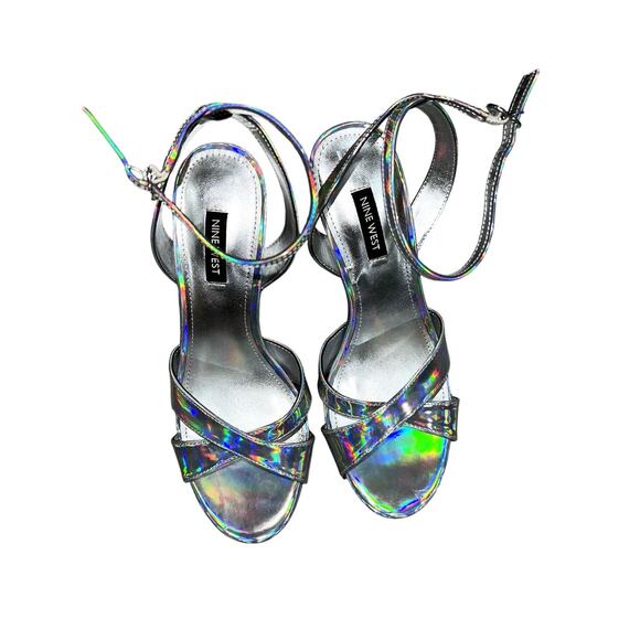 Nine West Jessie Ankle Strap Platform Sandal Size 8 Silver Iridescent - Picture 1 of 5